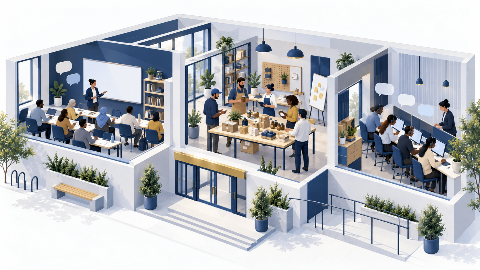 Ilustración conceptual de espacios de formación, emprendimiento y atención al cliente
